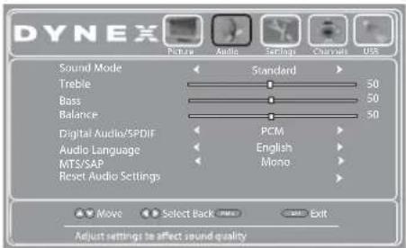 DYNEX Pick up Audio Settings Channels U3 Sound Mode Treble Standard 50 Bass 50 Balance 50 Digital Audio/SPDIF PCM Audio Language English MTS/SAP Mono Reset Audio Settings Move Select Back Exit Adjust settings to affect sound quality