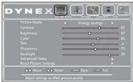 DYNEX Picture Mode Energy Savings Contrast 65 Brightness 47 Color 68 Tint 0 Sharpness 55 Backlight 26 Advanced Video Reset Picture Settings Move Select Move Back Exit Adjust settings to affect picture quality