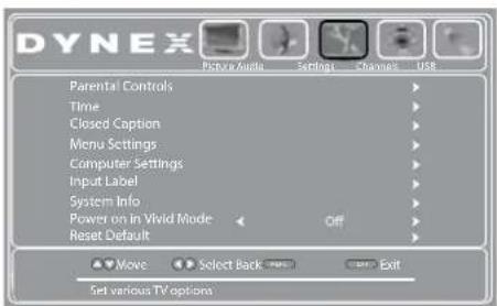 DYNEX Pictora Anta Setpoint Channel USB Parental Controls Time Closed Caption Menu Settings Computer Settings Input Label System Info Power on in Vivid Mode Reset Default Off Move Select Back Exit Set various TV options