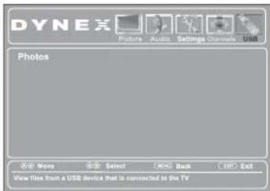 DYNEX Picture Audio Settings Channels USB Photos ©: More 0 Select < Back <$ Exit View file from a USB device that is connected to the TV