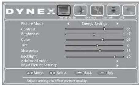 DYNEX Picture Mode Energy Savings Contrast 65 Brightness 47 Color 65 Tint 0 Sharpness 55 Backlight 26 Advanced Video Reset Picture Settings Move Select Back Exit Adjust settings to affect picture quality