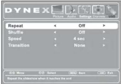 DYNEX Picture Audio Settings Channels USB Repeat Off Shuffle Off Speed 4 sec Transition None Move Select Back Help Repeat the slideshow when it reaches the end