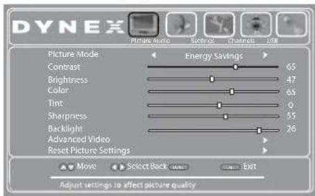 DYNEX Picture Mode Contrast Brightness Color Tint Sharpness Backlight Advanced Video Reset Picture Settings Energy Savings 65 47 65 0 55 26 Move Select Back Exit Adjust settings to affect picture quality