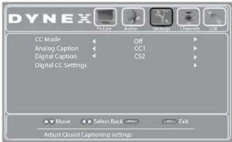 DYNEX CC Mode Analog Caption Digital Caption Digital CC Settings OFF CC1 CS2 Move Select Back Exit Adjust Closed Captioning settings