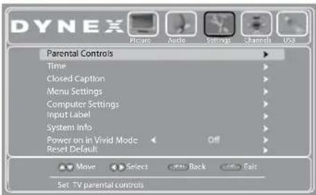 DYNEX Picture Audio Settings Channels USA Parental Controls Time Closed Caption Menu Settings Computer Settings Input Label System Info Power on in Vivid Mode Off Reset Default Move Select Edit Back Fair Set TV parental controls
