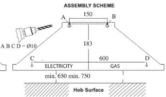 ASSEMBLY SCHEME A 150 B A B C D = Ø10 183 C ELECTRICITY 600 D GAS min. 650 min. 750 Hob Surface
