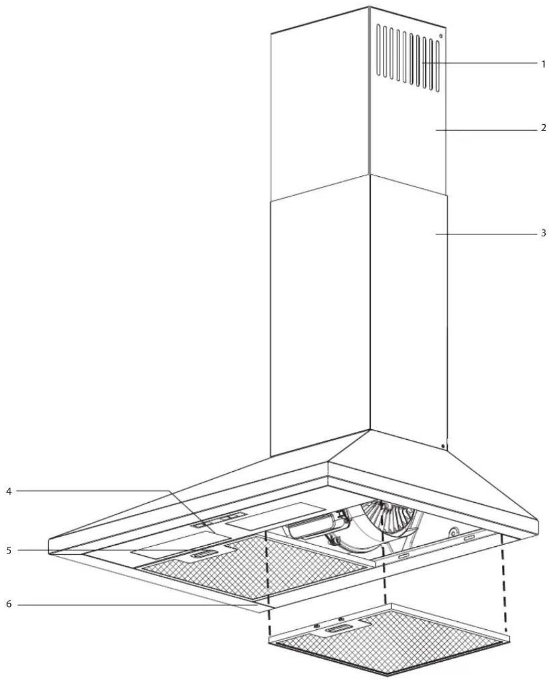 Technical diagram of a multi-level kitchen chimney with numbered components for identification