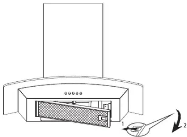 Technical diagram of a kitchen chimney with labeled components and directional arrows indicating assembly or movement.
