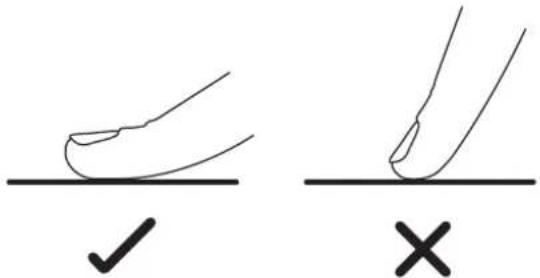 Diagram showing two hand positions with check and cross symbols indicating correct and incorrect states