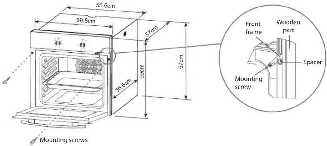 55.5cm 59.5cm 57cm 57cm 59cm 55.5cm Mounting screws Front frame Wooden part Spacer Mounting screw