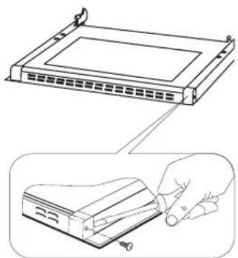 Technical illustration of a device with a front panel and a close-up view showing a hand holding a tool.
