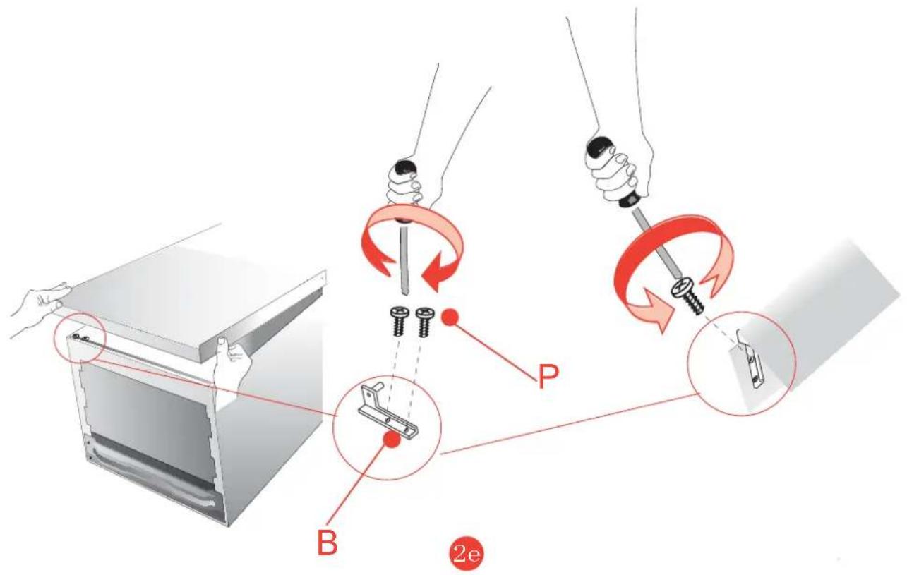 Diagram illustrating screwdriver tool path and assembly steps with labeled components P, B, and 2e