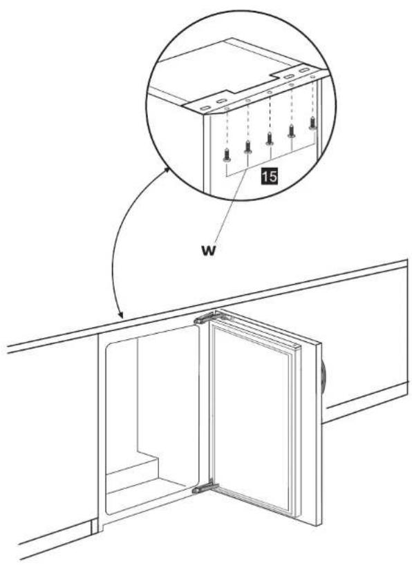 Technical diagram showing a cabinet with labeled components and a magnified inset of the interior panel, including a 15-unit measurement annotation.