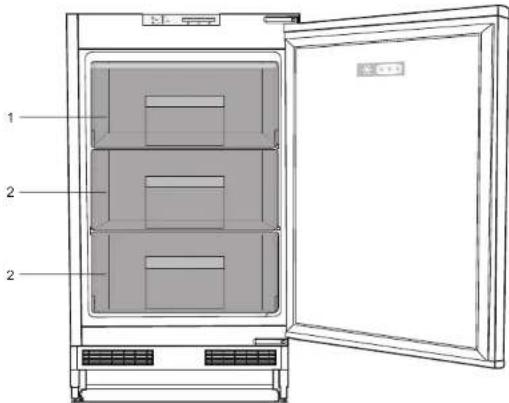 Technical diagram of an open refrigerator with labeled compartments and door indicators