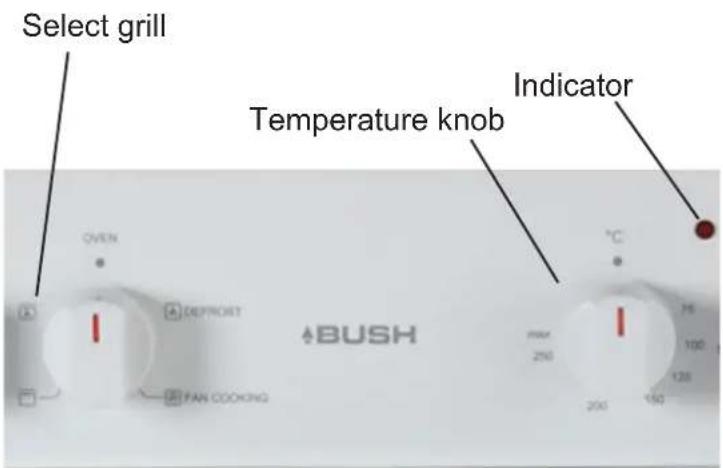 Select grill Temperature knob Indicator OVEN DEPROST FAN COOKING BUSH °C 75 100 125 200 150