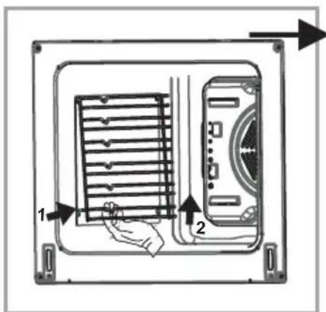 Diagram showing a device with labeled parts, including a fan or vent and directional arrows indicating flow or movement.