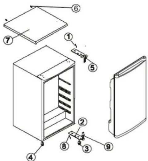 Exploded view diagram of a refrigerator with numbered parts for identification