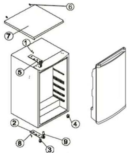 Technical diagram of a refrigerator with numbered parts for identification and assembly reference.