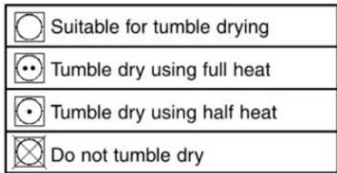Suitable for tumble drying Tumble dry using full heat Tumble dry using half heat Do not tumble dry