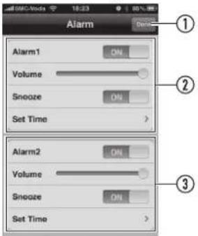 Alarm Alarm1 ON Volume Snooze ON Set Time > Alarm2 ON Volume Snooze ON Set Time >