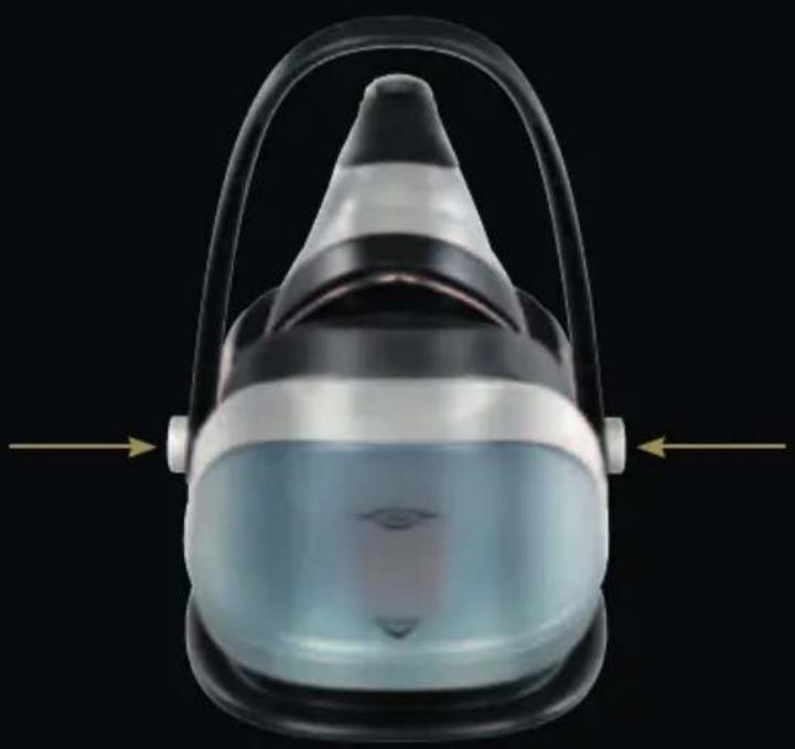 Close-up of a transparent medical device with a conical top and head, showing internal anatomy (no text or symbols visible)