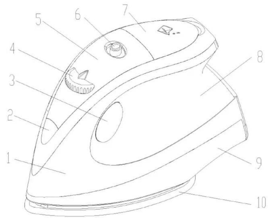 Technical diagram of a steam iron with numbered parts for identification
