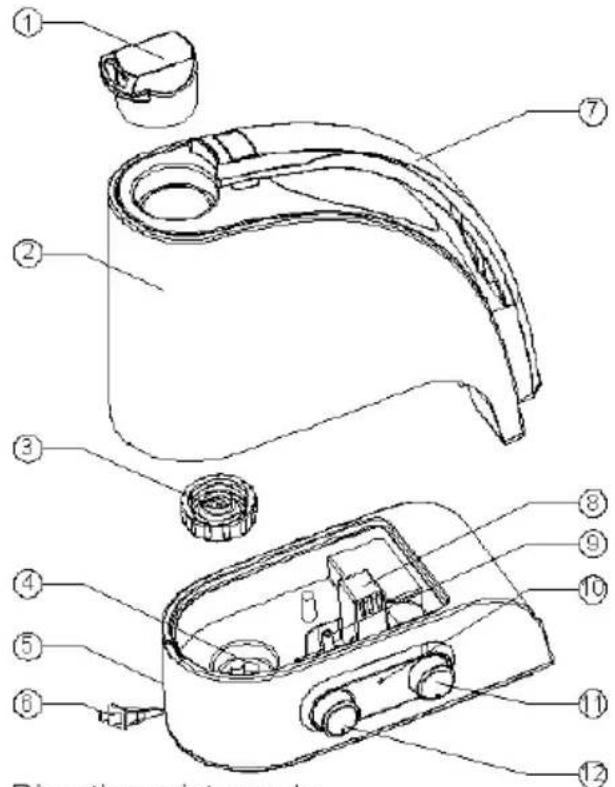 Technical diagram of a device with numbered parts, showing exploded and assembled views of a mechanical component.