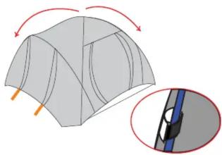 Diagram showing a folded fabric or material structure with directional arrows and an inset close-up of a blue object (no text or symbols)