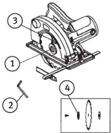Technical diagram of a mechanical assembly with numbered components and an inset view of a circular component.