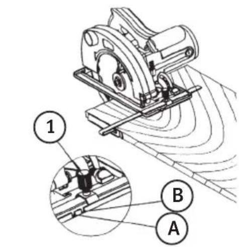 Technical diagram of a mechanical device with labeled parts A, B, and numbered annotations 1 and 2