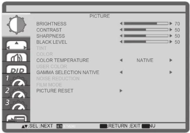 PICTURE BRIGHTNESS 70 CONTRAST 50 SHARPNESS 50 BLACK LEVEL 50 TINT COLOR COLOR TEMPERATURE NATIVE USER COLOR GAMMA SELECTION NATIVE NOISE REDUCTION FILM MODE PICTURE RESET SEL :NEXT SET:X VENU RETURN :EXIT NU