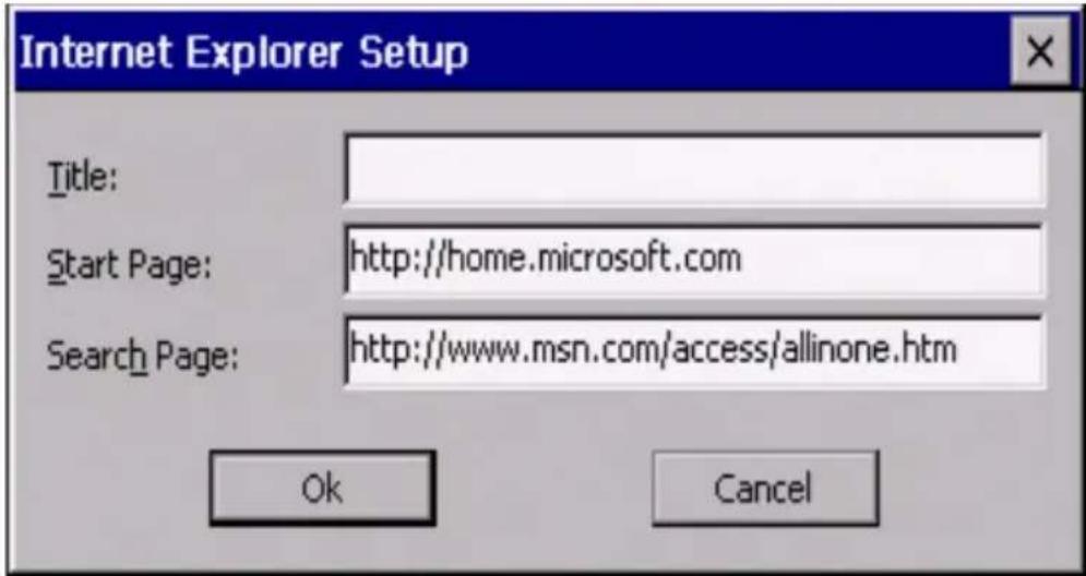 Internet Explorer Setup Title: Start Page: http://home.microsoft.com Search Page: http://www.msn.com/access/allinone.htm Ok Cancel