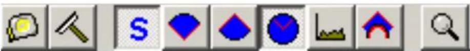Row of software toolbar icons including speech bubble, magnifying glass, letter 'S', blue diamond, blue checkmark, red arrow, house, and magnifying glass