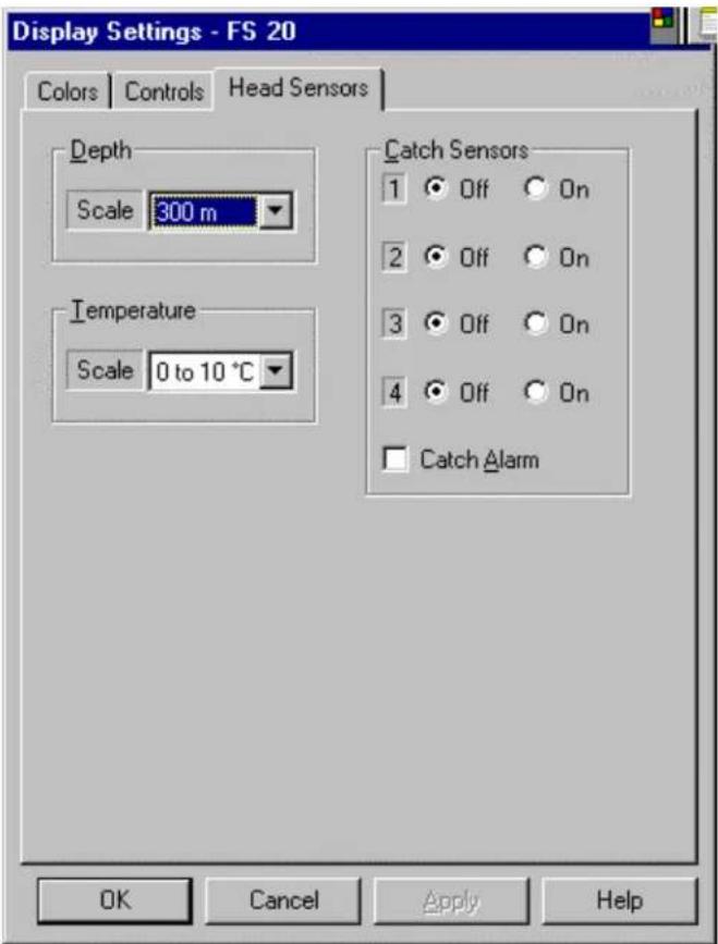 Display Settings - FS 20 Colors | Controls | Head Sensors | Depth Scale 300 m Temperature Scale 0 to 10 °C Catch Sensors 1 Off On 2 Off On 3 Off On 4 Off On Catch Alarm OK Cancel Apply Help