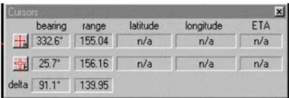 Cursors bearing range latitude longitude ETA 332.6° 155.04 n/a n/a n/a 25.7° 156.16 n/a n/a n/a delta 91.1° 139.95