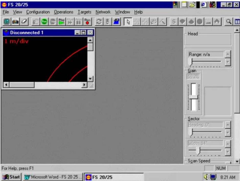 FS 20/25 File View Configuration Operations Targets Network Window Help Disconnected 1 1 m/div Head Range: n/a Gain 5/2% Sector Heading: 0° Width: 94° Scan Speed For Help, press F1 NUM Start Microsoft Word - FS 20 25... FS 20/25 8:21 AM