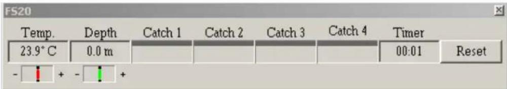 FS20 Temp. Depth Catch 1 Catch 2 Catch 3 Catch 4 Timer 23.9°C 0.0 m 00:01 Reset - + - +