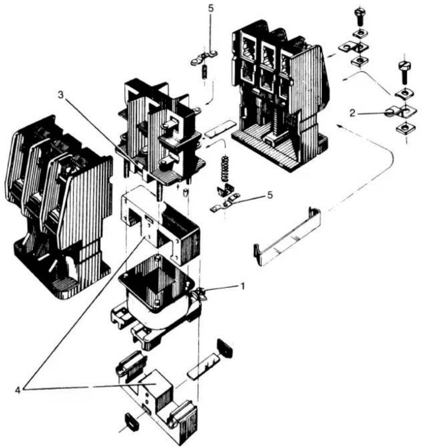 Technical diagram of an electrical contactor assembly with numbered components and exploded view
