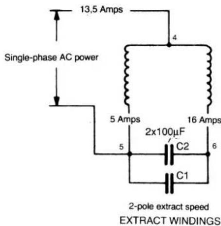 13,5 Amps Single-phase AC power 5 Amps 4 16 Amps 2x100µF C2 6 5 C1 2-pole extract speed EXTRACT WINDINGS