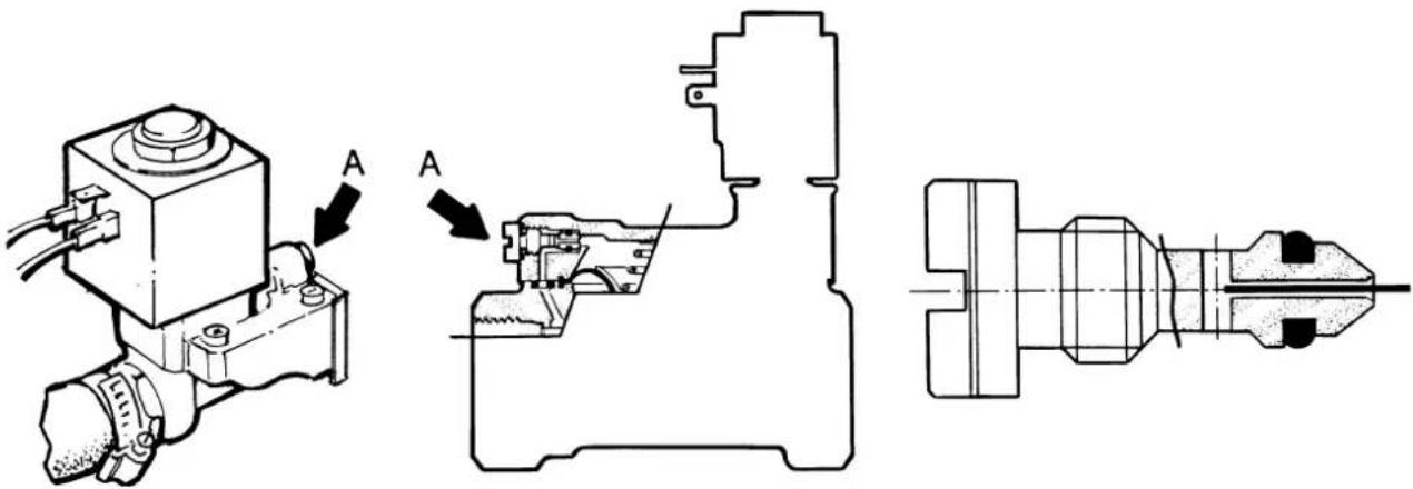 Technical diagram showing mechanical assembly with labeled components A and directional arrows indicating flow or movement.