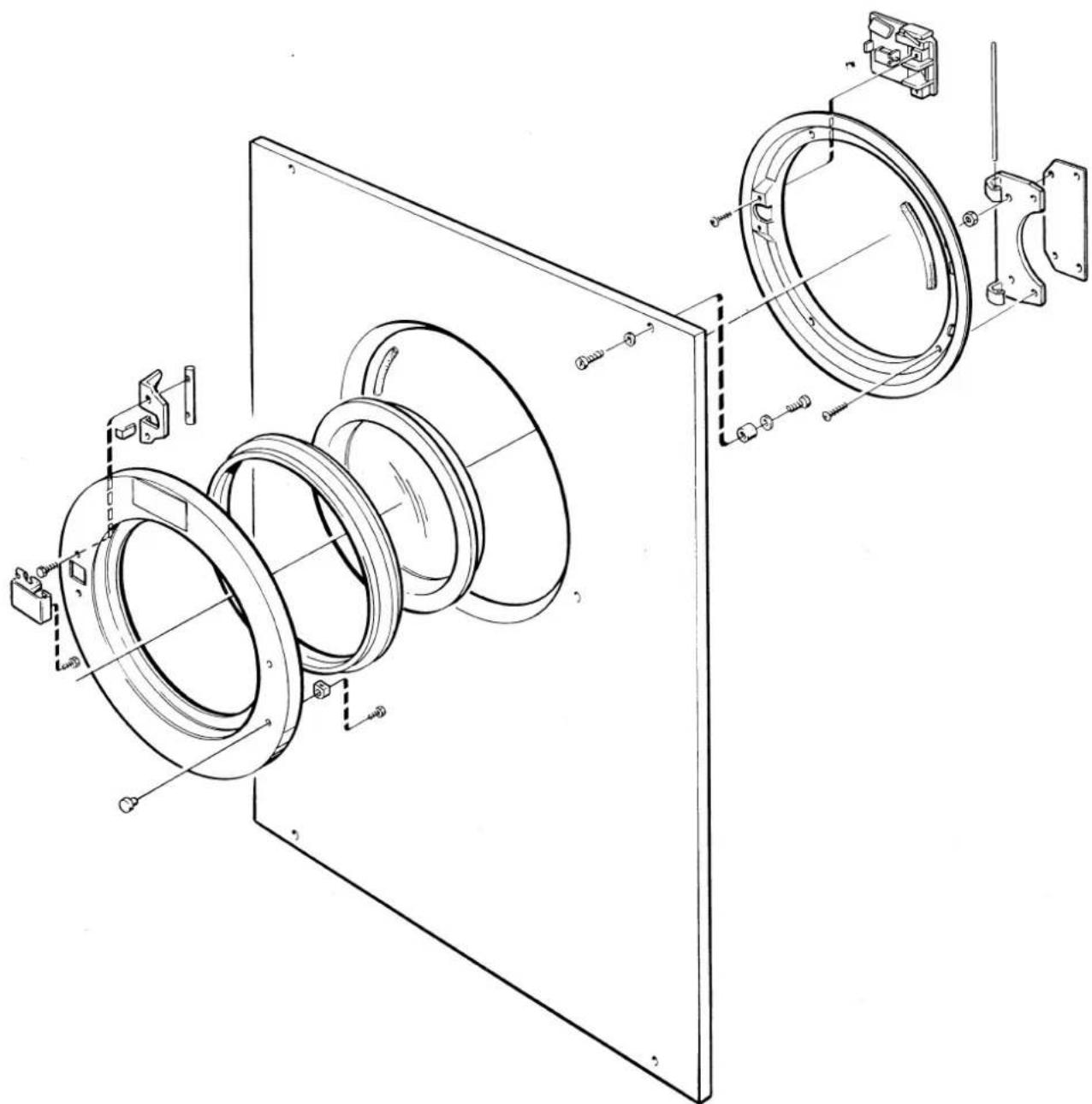 Technical diagram of a washing machine with labeled components and assembly lines