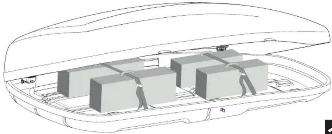 Line drawing of a car trunk with four rectangular boxes and attached straps (no text or symbols)