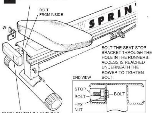 BOLT FROM INSIDE SPRIN' BOLT THE SEAT STOP BRACKET THROUGH THE HOLE IN THE RUNNERS. ACCESS IS REACHED UNDERNEATH THE ROWER TO TIGHTEN BOLT. END VIEW STOP BOLT HEX NUT