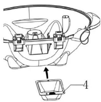 Technical diagram of a mechanical device with labeled parts and an arrow indicating assembly or connection.