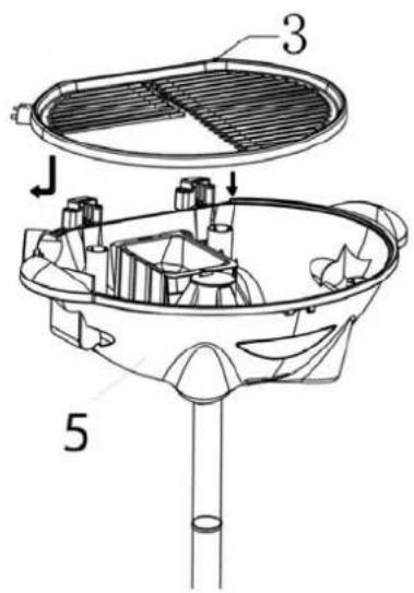 Technical diagram of a mechanical device with labeled components and directional arrows indicating flow or movement.