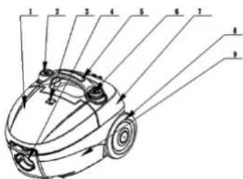 Diagram of a robotic car with numbered parts labeled 1 through 9, showing structural components and motion lines.
