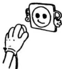 Simple line drawing of a hand holding a smiling face icon next to a square (no text or symbols)