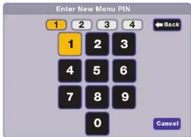 Enter New Menu PIN 1 2 3 4 1 2 3 4 5 6 7 8 9 0 Back Cancel