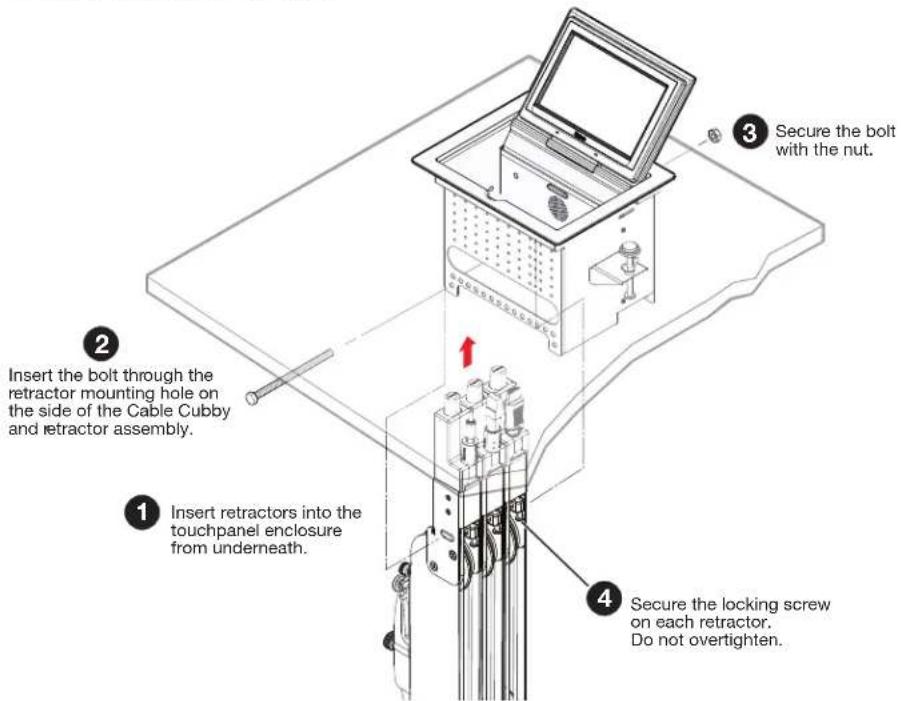 Secure the bolt with the nut. Insert the bolt through the retractor mounting hole on the side of the Cable Cubby and retractor assembly. Insert retractors into the touchpanel enclosure from underneath. Secure the locking screw on each retractor. Do not overtighten.