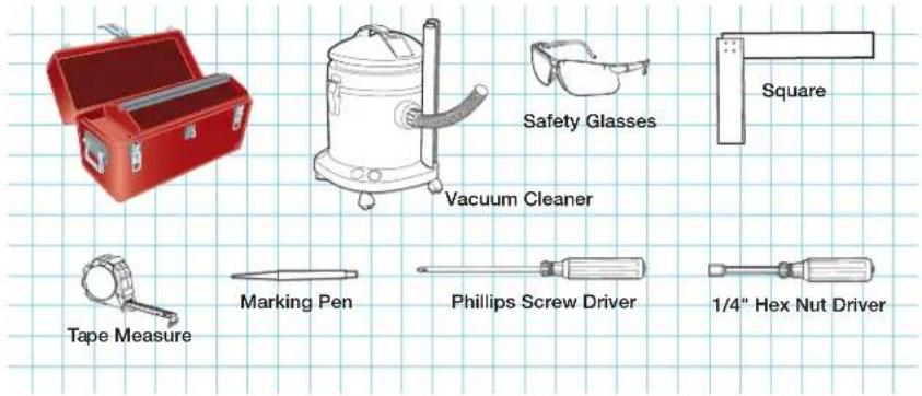 Safety Glasses Square Vacuum Cleaner Tape Measure Marking Pen Phillips Screw Driver 1/4" Hex Nut Driver